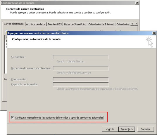 Configurar manualmente las opciones del servidor o tipos de servidores adicionales