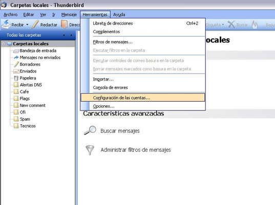Herramientas -> Configuración de las cuentas